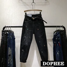 Европейские черные джинсовые штаны с высокой талией и вышивкой, женские весенне-осенние новые свободные штаны для папы, шаровары