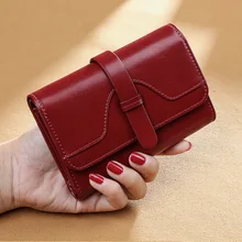 Genuine Leather Women's Wallets 2021 Short Ladies Oil wax Double Zipper Wallet Clutch Money Bag Design Purse Multiple card slots