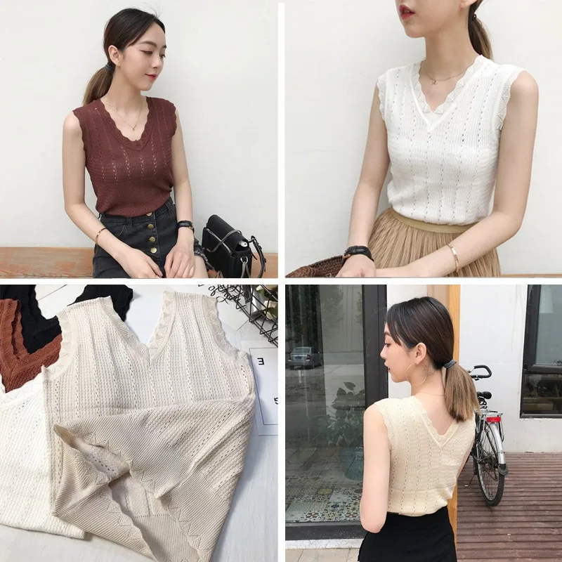 Sexy Hollow Out V-Neck Tank Top 4 Solid Colors Female Girl Soft Summer Woman Tank Top Korean Style