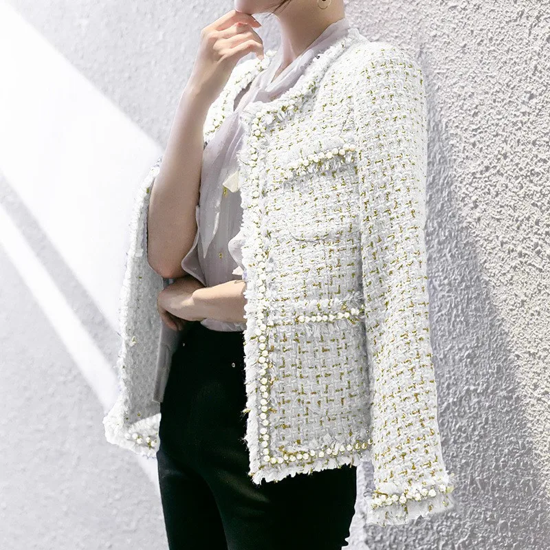 Slim-fit tweed jacket white - Women