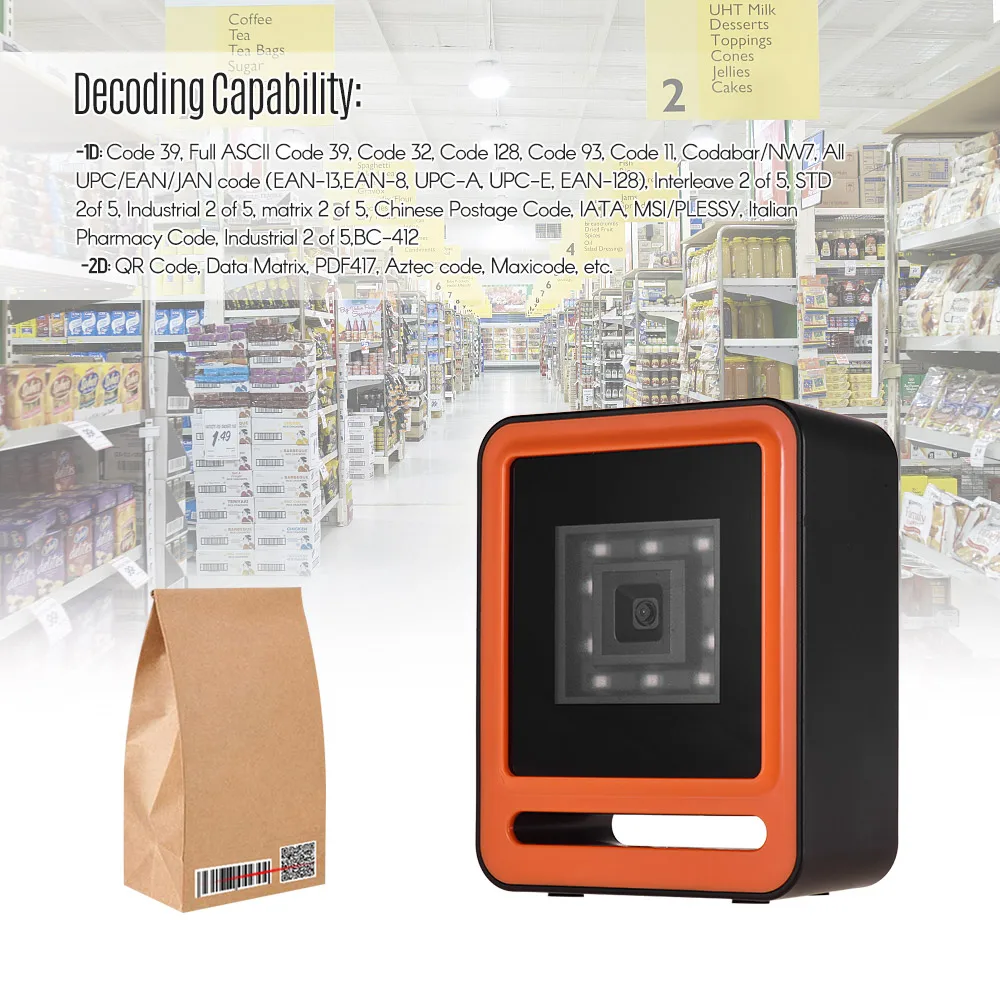 Aibecy Hands-free USB проводной 1D 2D QR Barcoder сканер Настольный всенаправленный считыватель штрих-кода платформа с кнопкой триггера