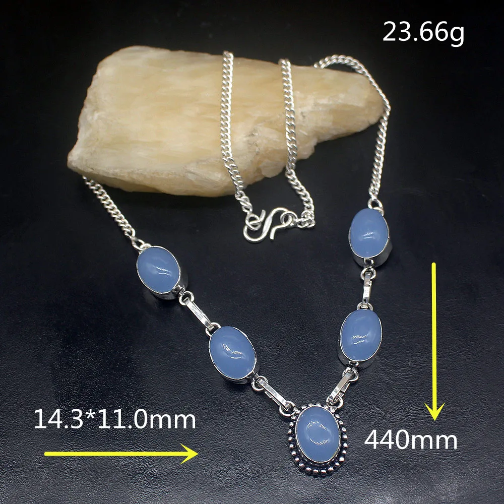 Gemstonefactory Jewelry Big Promotion 925 Silver Vintage Trendy Blue Agate Hot Sale Ladies Women Chain Necklace 44cm