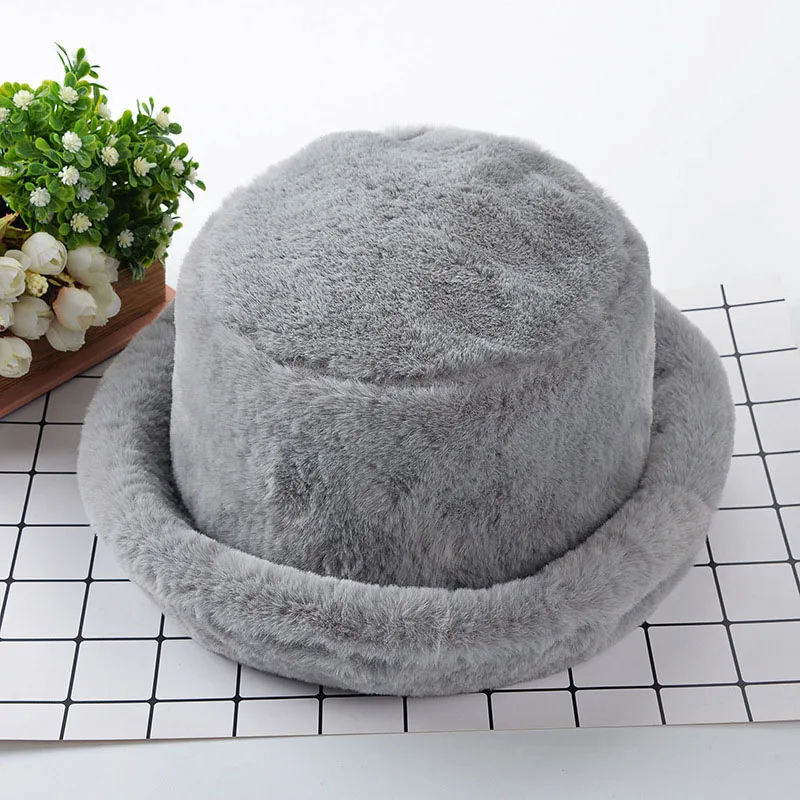 gray fur bucket hat Зимняя шапка унисекс из искусственного меха в Корейском стиле; модная женская мягкая теплая шапка для рыбалки в стиле Харадзюку; Уличная Хип-Хоп Мужская Выходная шляпа для мальчиков - Color: gray fur bucket hat