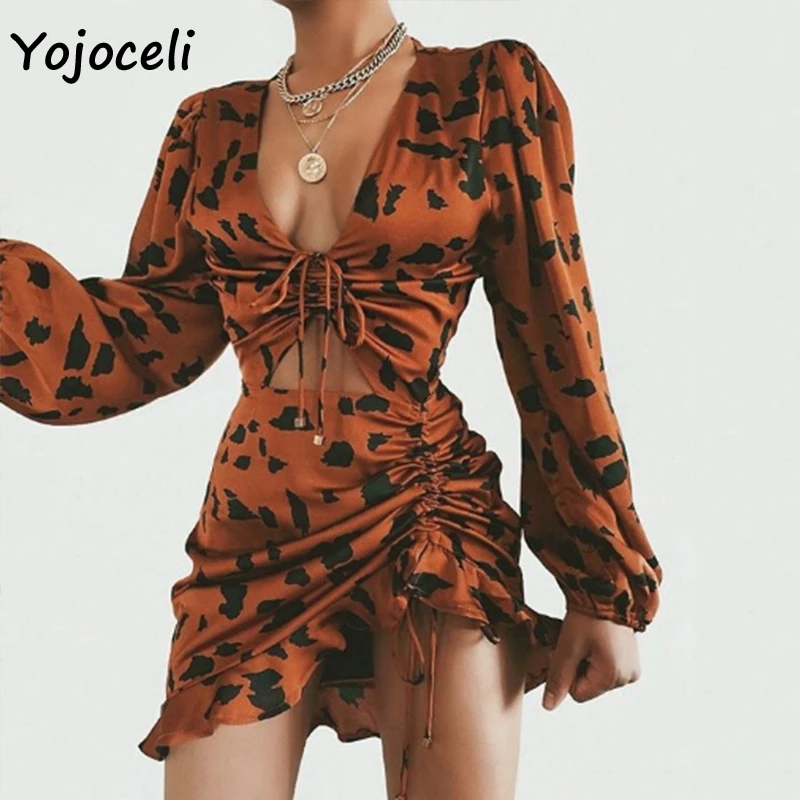 Модное леопардовое платье Yojoceli 2019 мини-платье с длинным рукавом и оборками