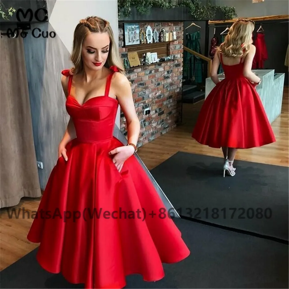 A-Line Red Satin Straps Tea Length Prom Dress With Pocket (3)