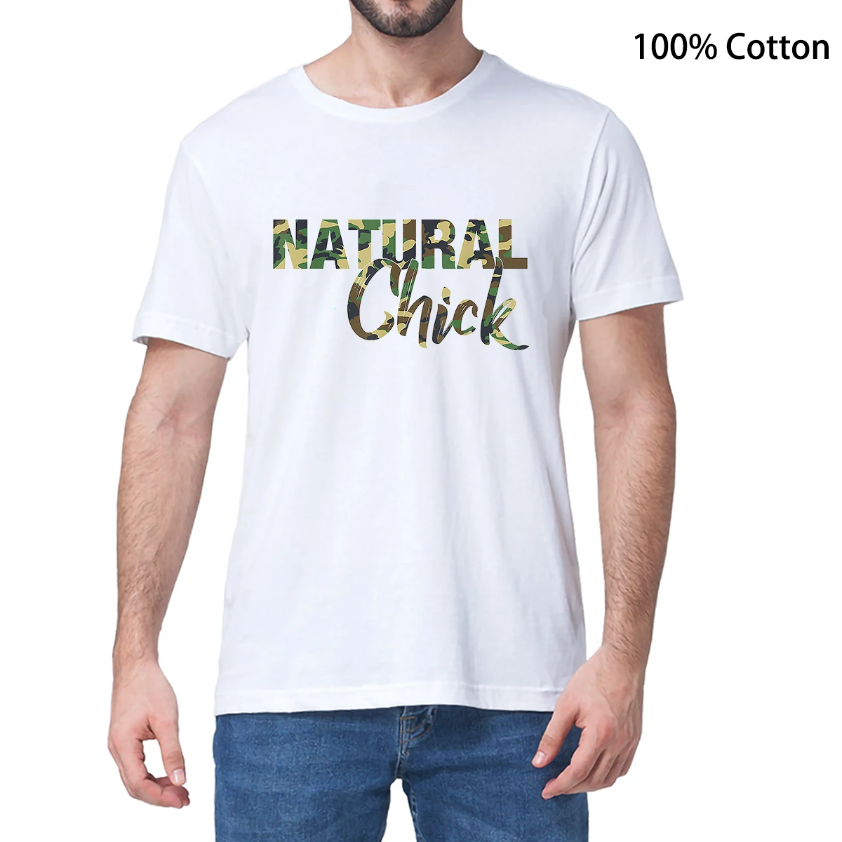 Unisex 100% Cotton Funny Camo Natural Chick Words Print Men's Novelty T-Shirt Women Casual Harajuku Soft Tee High Quality Shirt | Мужская
