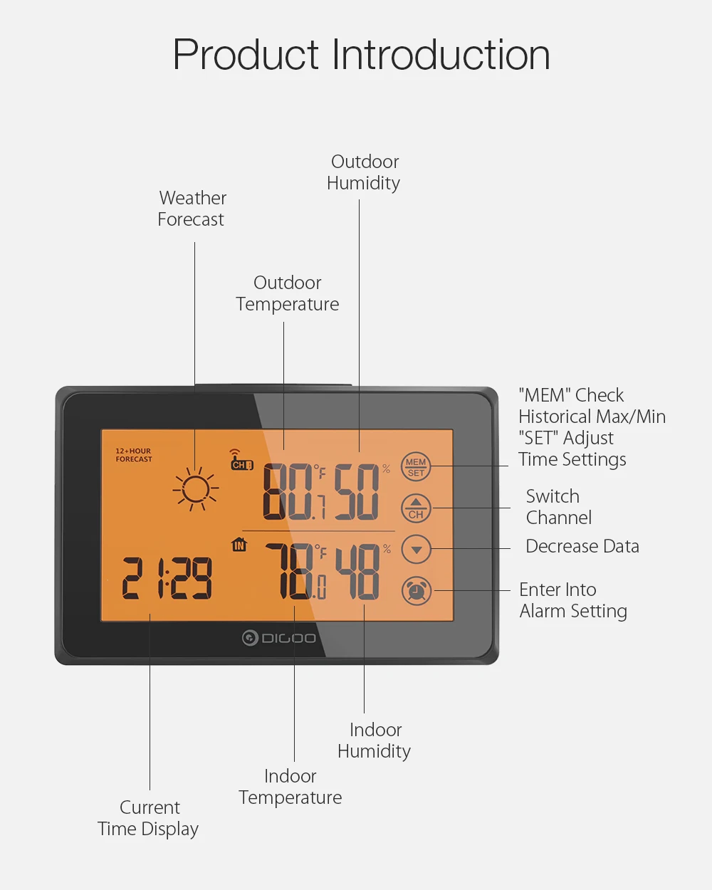 DIGOO ЖК-метеостанция с дистанционным датчиком цифровой измеритель температуры и влажности беспроводные Часы с гигрометром