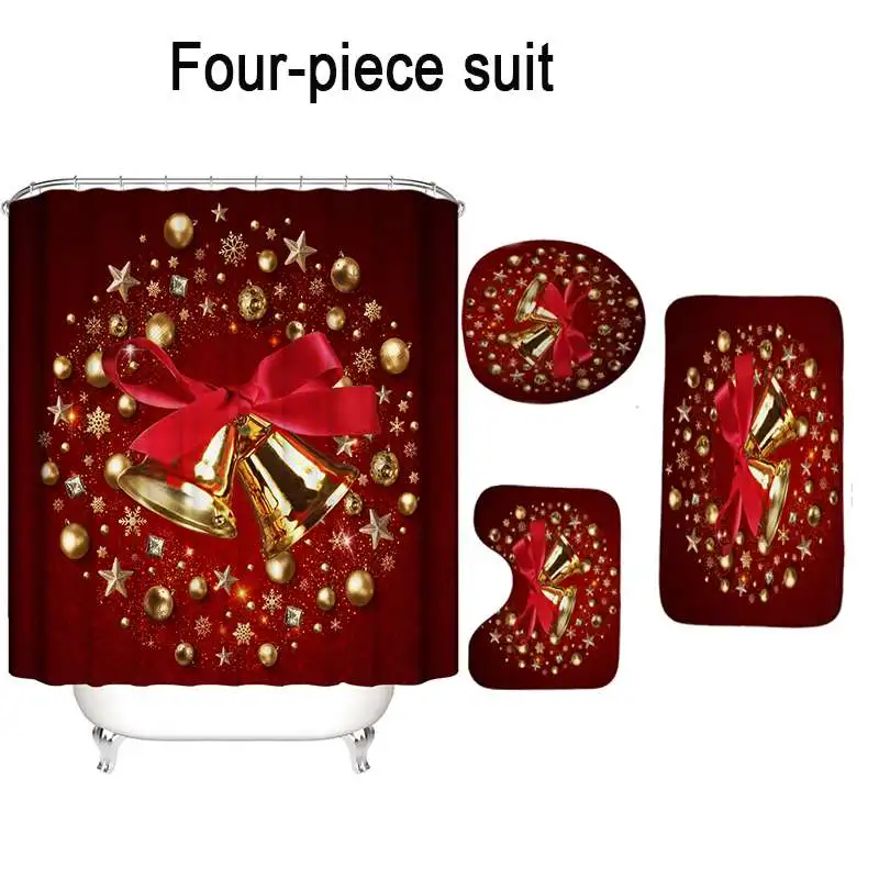 4 Piece Set Merry Christmas набор для ванной, Рождественский колокольчик, водонепроницаемая занавеска для душа, покрытие для унитаза, коврик, нескользящий, для украшения дома - Цвет: 4 Piece Set