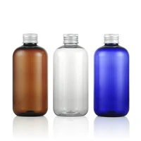 250ml 500ml  8/16oz  empty boston round Plastic blue/amber clear PET bottles with child resistant aluminum screw caps,safety lid