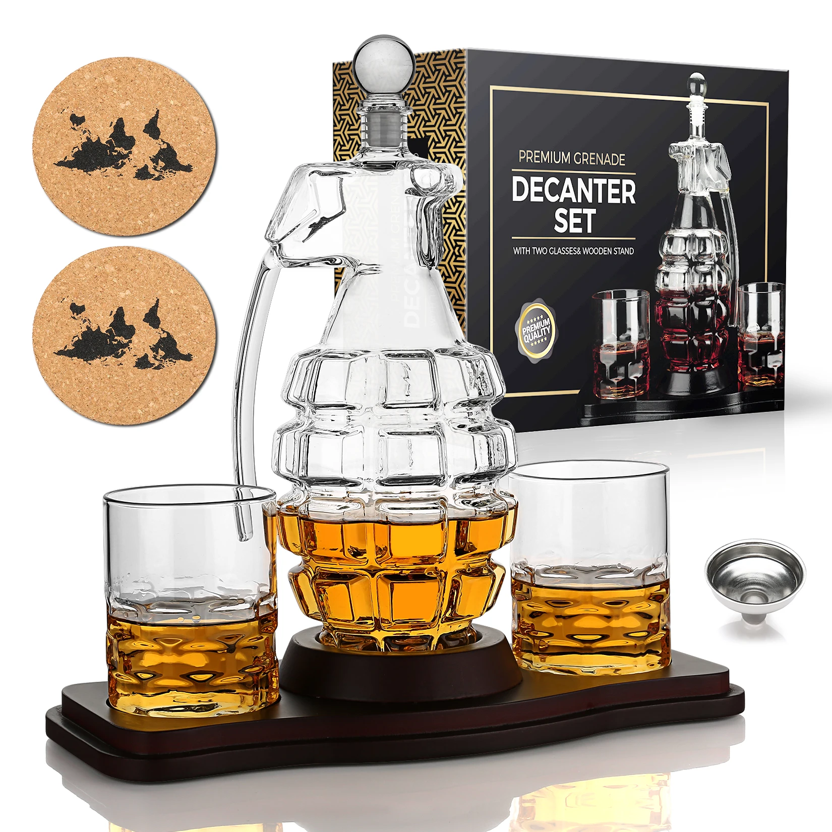 Ensemble de carafe à whisky avec support en bois, 2 verres à