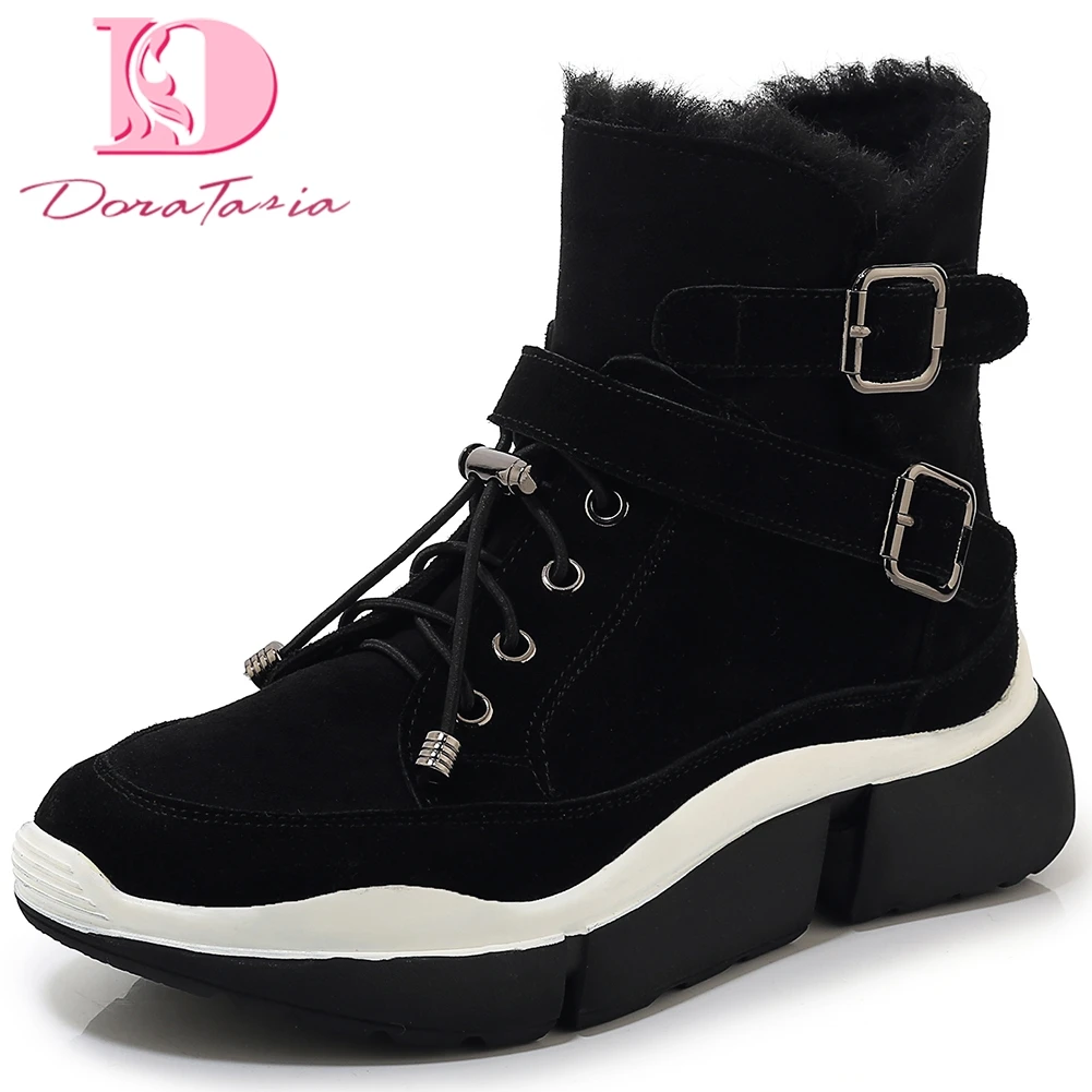 

Doratasia High Quality Cow Suede 2020 Flat Platform Ankle Boots Woman Shoes Slip On Casual Add Fur Warm Winter Boots Women Shoes