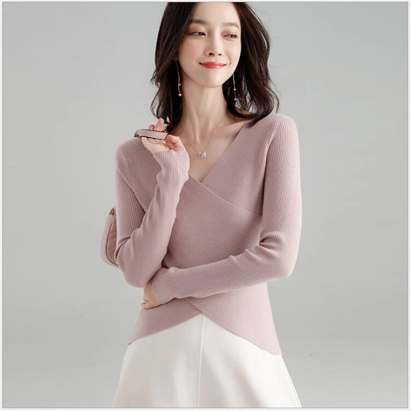 

Autumn Knitted V-Neck Women's Sweater Pullover Irregular Long Sleeve Korean Style Sweaters Women 2019 Winter Casual Jumper R419