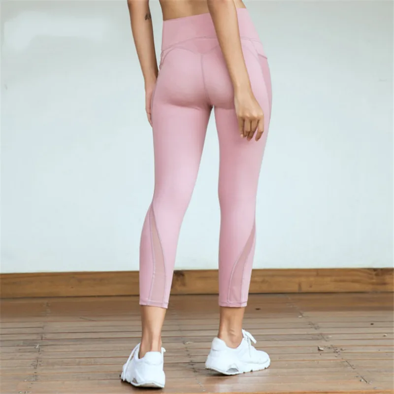 Pink Mesh Patchwork High Waist Sport Workout Gym Tights Women Anti-sweat Soft Nylon Fitness Yoga Leggings Pants With Two Side Pocket - Цвет: Pink