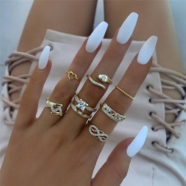 Bohemian Gold Vintage Rings Snake Heart Crystal Ring Set Women Charm Joint Ring Party Wedding Fashion Jewelry Gifts