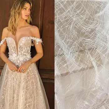 

Tulle mesh embroidery plain lace fabric with shiny sequins allover! Off white wedding gowns lace dress lace fabric 1 meter