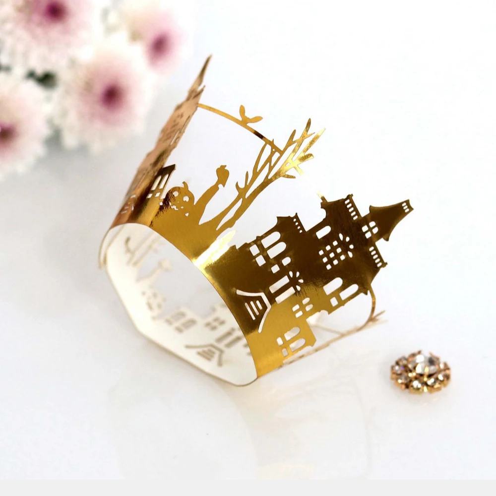 reflective gold 10 шт. кексы на Хэллоуин украшение для выпечки чашка выдолбленная бумага тыква летучая мышь торт мусс бумажное полотенце кружево ажурное кружево - Цвет: reflective gold