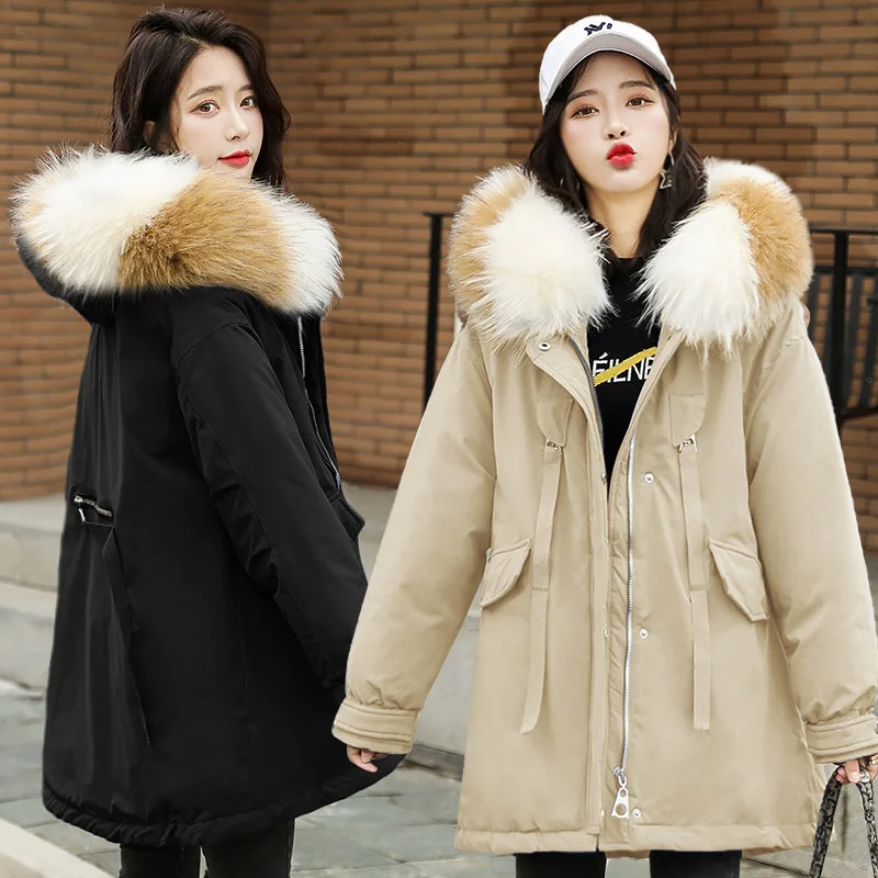 

2019 Thick Cotton-padded Clothes Mid-length Hooded Fashion Korean-style Loose-Fit High Imitation Large Fur Collar dou peng kuan