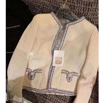 

2020 Cosmicchic Runway Fashion Women Elegant Short Jacket White O Neck Office Ladies Long Sleeve Short Lattice Lining Tweed Coat