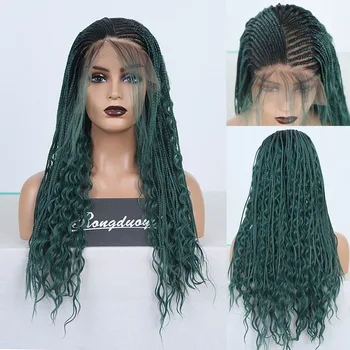 

RONGDUOYI Long Fiber Hair Lace Wig Ombre Green Hair Synthetic Lace Front Wigs for Women Side Part Braided Box Braids Wig
