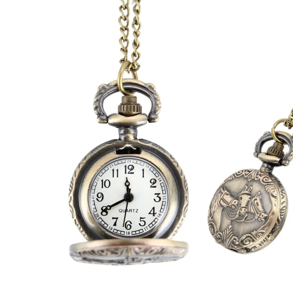 Reloj de bolsillo con cadena de cuarzo redondo tallado con caballo Vintage, collar, joyería Retro, regalos, TY66