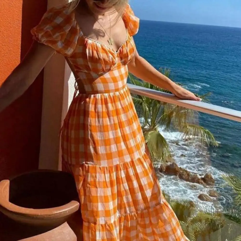 ORIYA Aproms Elegant Orange Plaid Long Maxi Cotton Dress Women Summer Backless Tie Up Basic A-line Dresses High Fashion Sundress