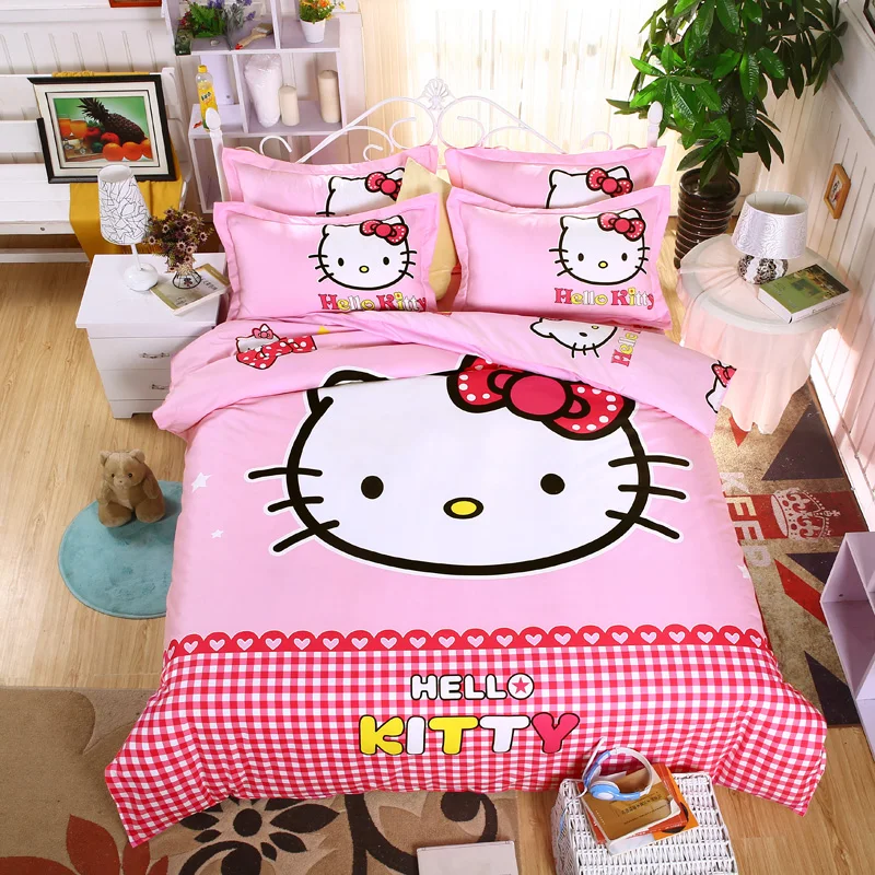 Серебристый Hello kitty, хлопковый комплект постельного белья для детей, мультяшное постельное белье, Ститч, Doraemon, пододеяльник, комплекты, простыня, наволочка, Твин, полный размер, королева - Цвет: Серебристый