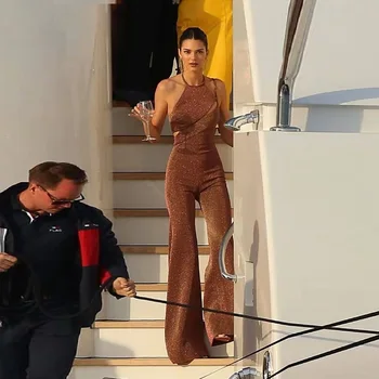 

Fashion Brown One Shoulder Summer Jumpsuit 2019 Top Quality Sequin Jumpsuit Women Elegant Celebrity Party Jumpsuits Dropshipping