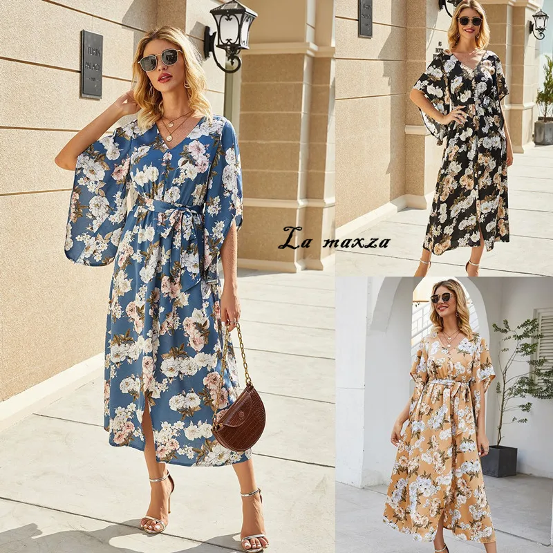 Повседневное женское платье с винтажным принтом 2020 летнее V-образным вырезом