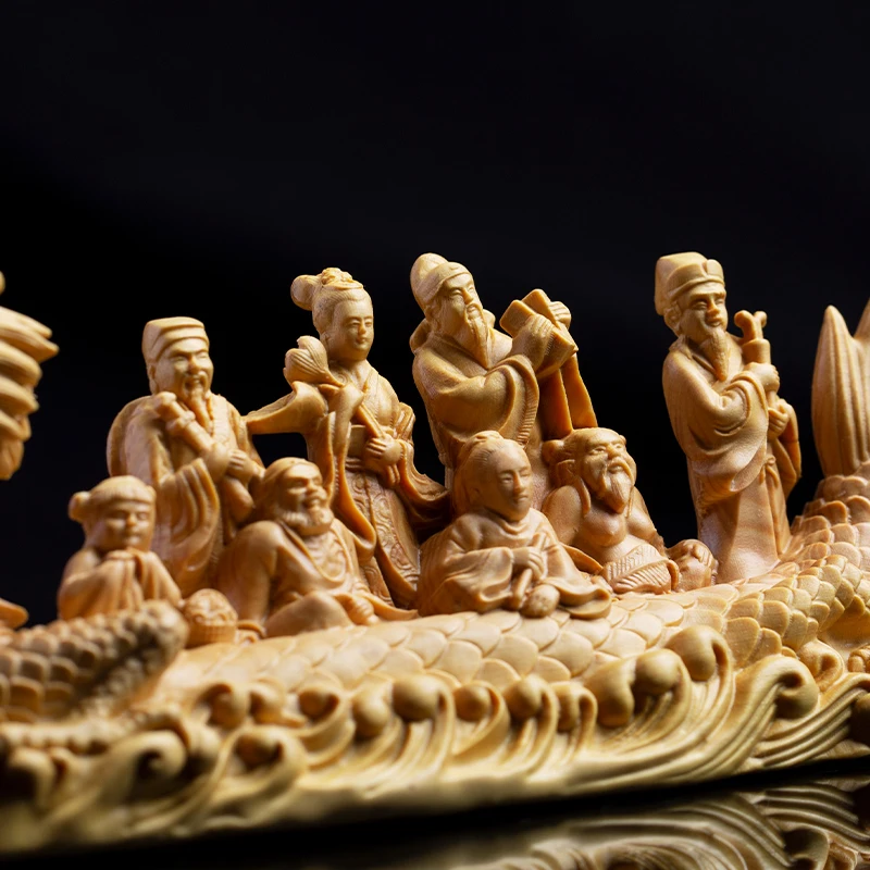 Самшита 21 см восемь богов Драконья лодка Скульптура резьба по дереву китайский