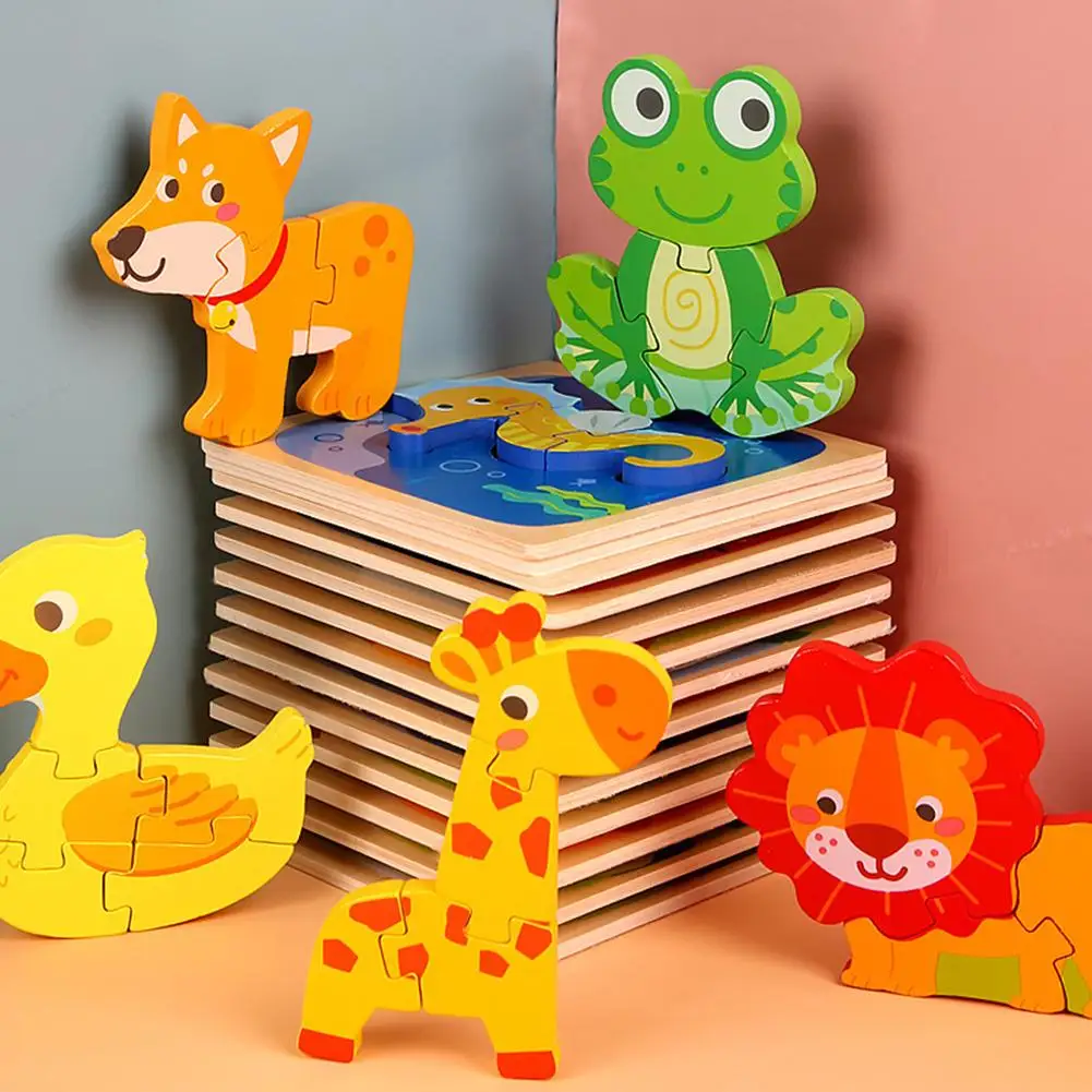 Cartoon Frog Train Animal 3D Wooden Jigsaw Puzzles Board Education Kids Toy  Baby Cartoon Animal/Traffic Puzzles Toys