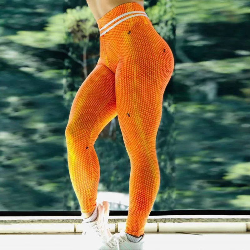Оранжевые улей печати высокая Талия Леггинсы зауженные женские модные беговые эластичные спортивные обтягивающие брюки фитнес брюки для фитнеса леггинсы