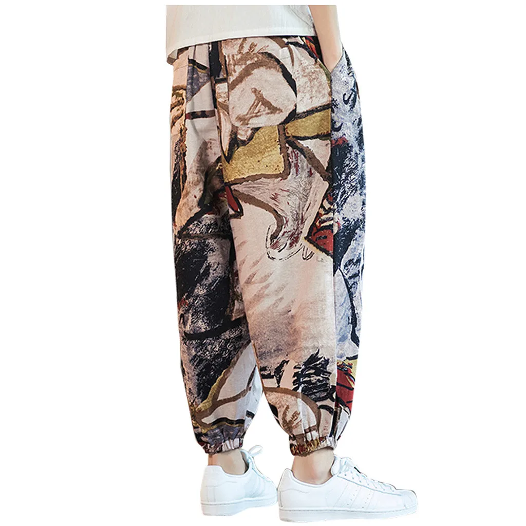 Trousers Men's Casual Vintage Style Loose Cotton Linen Printing Patchwork Lantern Pant Mens Pants Fashions Men Joggers Pants