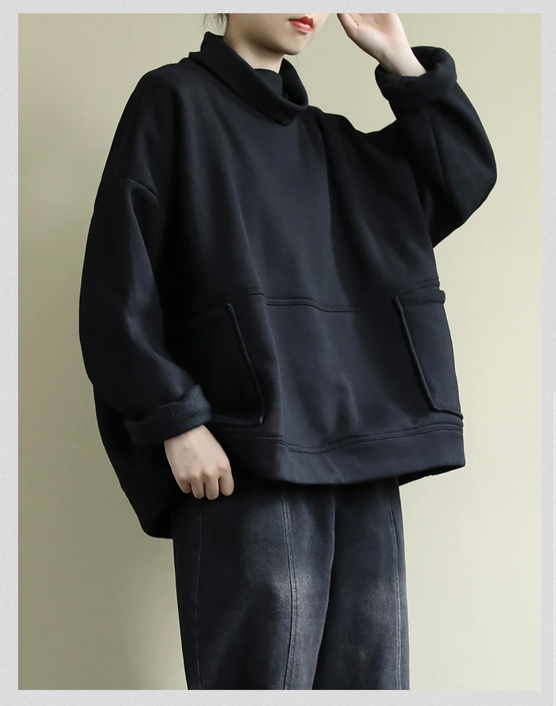 Autumn Winter Hoodies Women Loose Fleece Pullovers Retro Tops Turtleneck pocket Casual Ladies All-match Hoodies