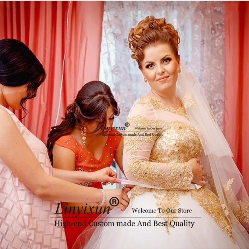 Vestidos de novia, пышная ярусная бальная одежда с длинным рукавом, свадебные платья, белое и Золотое роскошное кружевное свадебное платье с аппликацией
