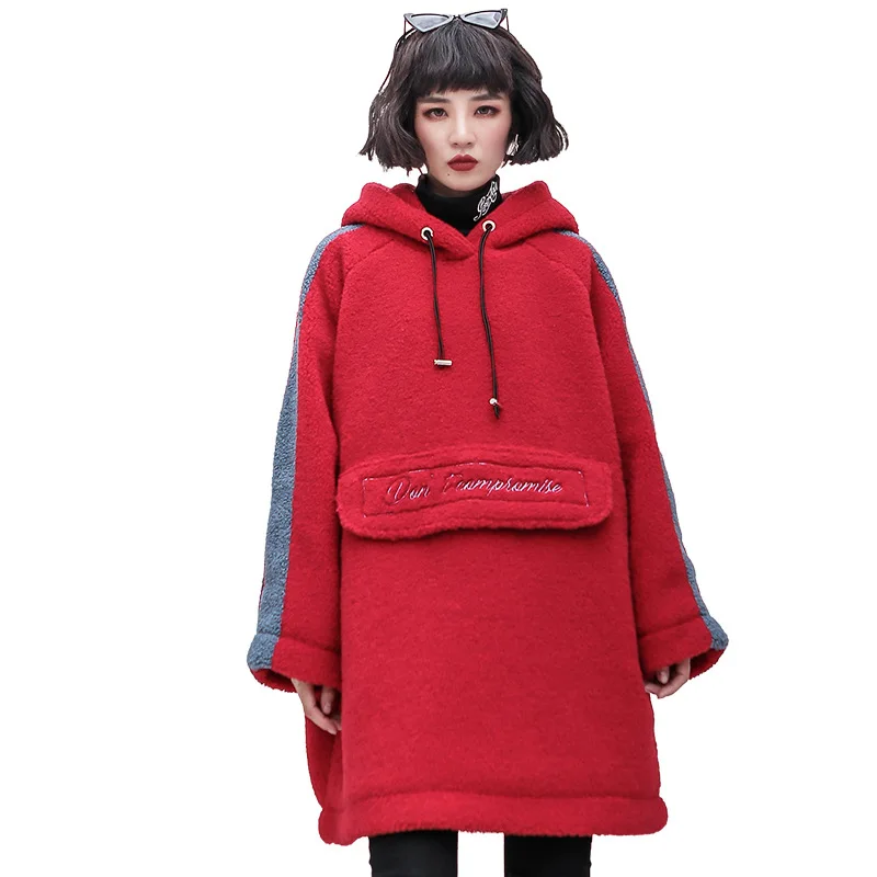 Women Winter Embroidery Loose Casual Thick Fleece Hooded Coat Sweatshirt Female Streetwear Hip Hop Boyfriend Plus Size Hoodie - Цвет: Красный