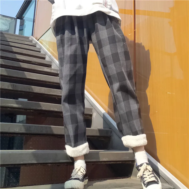 

Winter Korean Women Plaid Harem Pants Teen Girl Harajuku Vintage High Waist Thicken Cashmere Fleece Warm Trousers Straight Pants