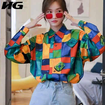 

HG Vintage Rainbow Print Women Shirts Long Sleeve Tops 2019 New Autumn Loose Fashion Personality Joker Blouse Women ZYQ1700