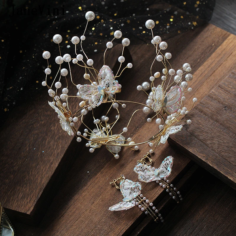 

JaneVini 2019 Romantic Wedding Crowns with Earring Crystal Pearls Lace Butterfly Princess Tiaras Bridal Jewelry Hair Accessories