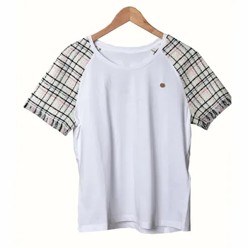 

Women T-shirt Spring / Summer 2020 Casual Style Tweed Stitching Fringed Short-sleeved T-shirt Women