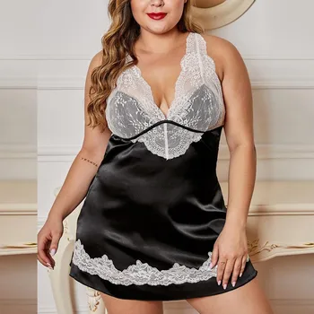 

Women's Sexy Lingerie Silk Nightgown Summer Dress Lace Night Dress Sleepwear Nightie Satin Homewear Nightwear Pluse Size #35