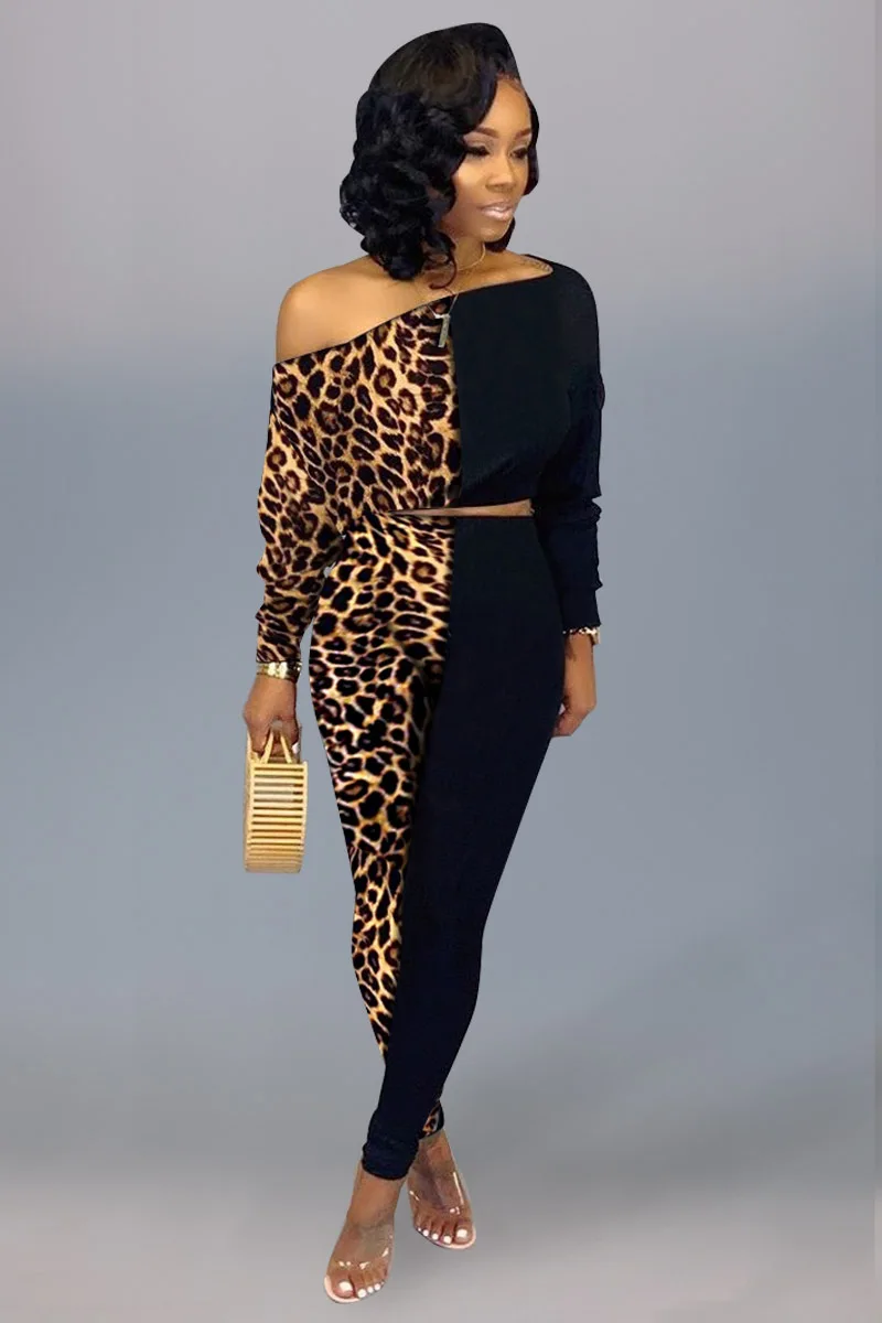 Леопардовый лоскутный сексуальный комплект из 2 предметов женские костюмы с наклонным плечом укороченный Топ с длинным рукавом и длинные штаны размера плюс комплект из двух предметов