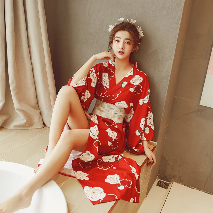 Японская девушка Гейша одежда женское кимоно платье Сплит Сакура печати v-образным вырезом Сексуальная юката Свадебная вечеринка фотография представление