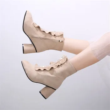 

Fashion Women Boots Casual Suede High Heels Spring Shoes Woman Pointed Toe Rubber Ankle Boots Black Beige crystal Zapatos Mujer