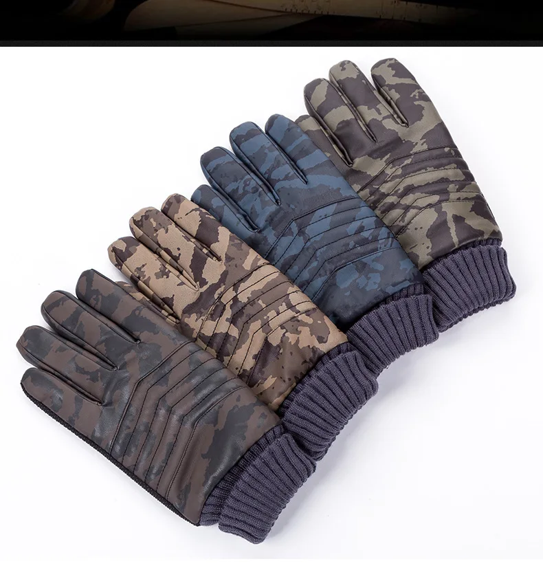 Leather gloves men's autumn and winter warm plus velvet thickened motorcycle outdoor riding students camouflage gloves new