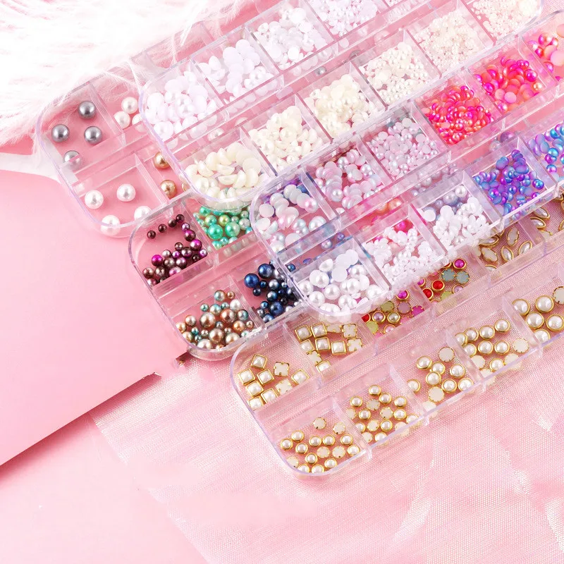 

12 Grid 3d Nail Rhinestone Various Size Pearls Charming Nail Art Decoration White Circle Beads Studs Manicure Jewelry Ge