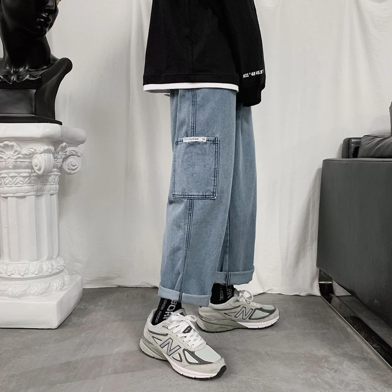 90% OFF Straight Jeans Men's Fashion Washed Solid Color Casual Overalls Jean Pants Men Streetwear Wild Loose Hip Hop Denim Trousers Mens