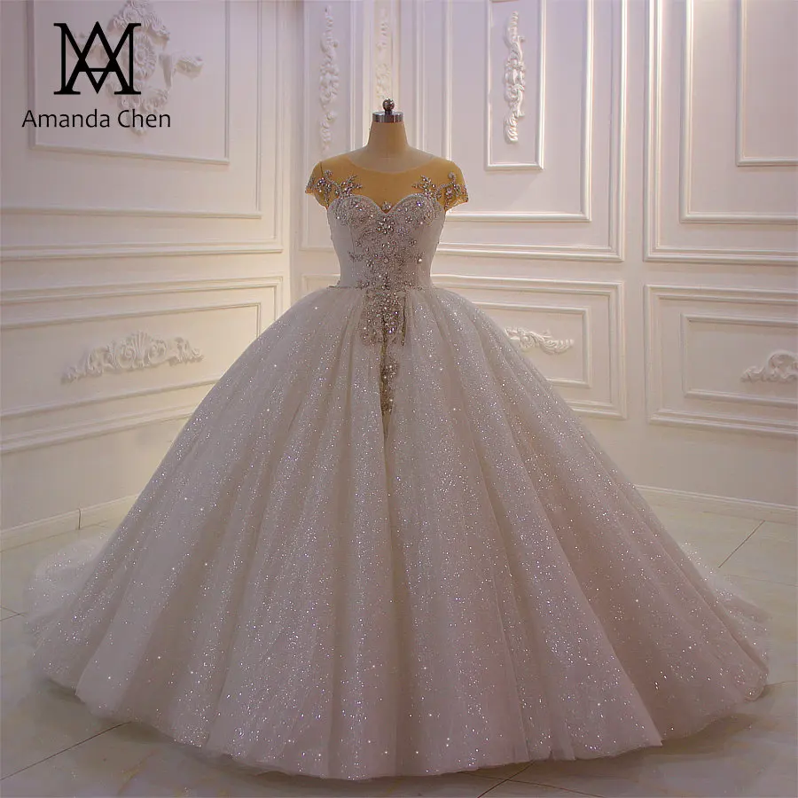 Vestido de novia манга Ларга вышитый бисером короткий рукав узор блестящее свадебное