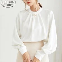 Модная блузка для женщин женские топы однотонные белые рубашки для женщин топы шифоновая блузка бисер стенд с длинными рукавами-фонариками 7015 50