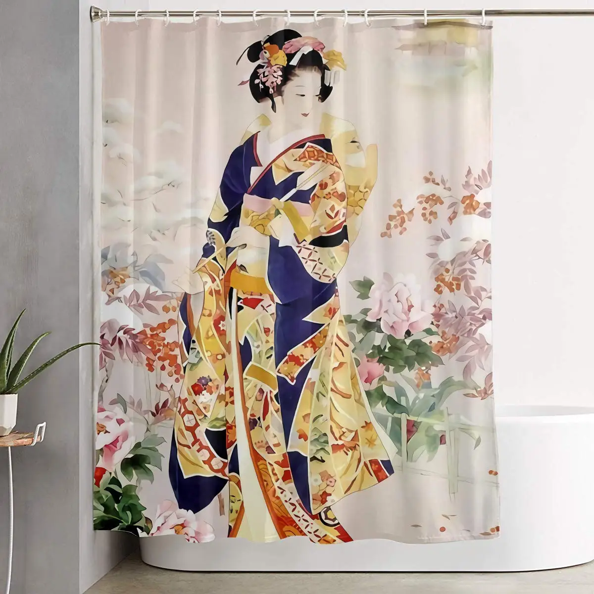 

Japanese Traditional Geisha Kimono Sakura Shower Curtain Waterproof Bathroom Decor Set