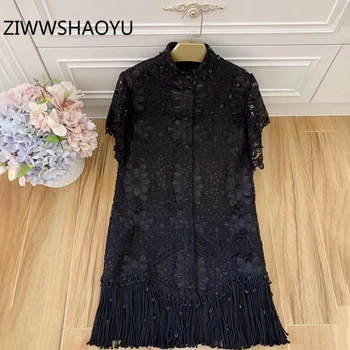 

ZIWWSHAOY Fashion Female Summer Black Boho Holiday Midi Dress Designer Women Shell Beading Hollow Out Tassel Loose Dresses